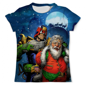 full_print_tee с принтом Judge Dredd Vs Father Xmas в Петрозаводске, Футболка с нанесением полноцветного изображения по всей поверхности может быть выполнена в двух вариантах - ХЛОПОК и СИНТЕТИКА. | Хлопок - ткань из 100% хлопка высшего качества пенье.  <br>Синтетика - ткань с высоким содержанием синтетического волокна (до 80%).  Материал хорошо тянется, имеет приятную на ощупь фактуру | 