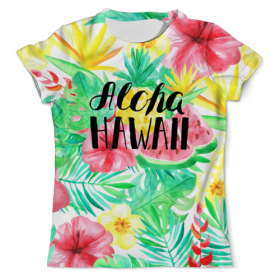 full_print_tee с принтом Aloha Hawaii в Петрозаводске, Футболка с нанесением полноцветного изображения по всей поверхности может быть выполнена в двух вариантах - ХЛОПОК и СИНТЕТИКА. | Хлопок - ткань из 100% хлопка высшего качества пенье.  <br>Синтетика - ткань с высоким содержанием синтетического волокна (до 80%).  Материал хорошо тянется, имеет приятную на ощупь фактуру | Тематика изображения на принте: 