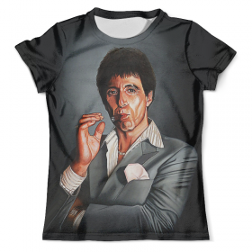 full_print_tee с принтом Tony Montana - Scarface_ в Петрозаводске, Футболка с нанесением полноцветного изображения по всей поверхности может быть выполнена в двух вариантах - ХЛОПОК и СИНТЕТИКА. | Хлопок - ткань из 100% хлопка высшего качества пенье.  <br>Синтетика - ткань с высоким содержанием синтетического волокна (до 80%).  Материал хорошо тянется, имеет приятную на ощупь фактуру | 