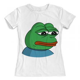 full_print_woman_tee с принтом Pepe the frog в Петрозаводске, Футболка с нанесением полноцветного изображения по всей поверхности может быть выполнена в двух вариантах - ХЛОПОК и СИНТЕТИКА. | Хлопок - ткань из 100% хлопка высшего качества пенье.  <br>Синтетика - ткань с высоким содержанием синтетического волокна (до 80%).  Материал хорошо тянется, имеет приятную на ощупь фактуру | 