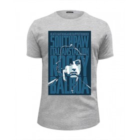 Мужская футболка Premium с принтом Rocky Balboa в Петрозаводске, Белый, черный, серый меланж, голубой: 100% хлопок, плотность 160 гр. Остальные цвета: 92% хлопок, 8% лайкра, плотность 170-180гр. |  | Тематика изображения на принте: 