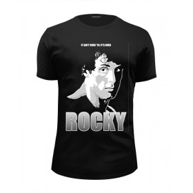 Мужская футболка Premium с принтом Rocky Balboa в Петрозаводске, Белый, черный, серый меланж, голубой: 100% хлопок, плотность 160 гр. Остальные цвета: 92% хлопок, 8% лайкра, плотность 170-180гр. |  | Тематика изображения на принте: 