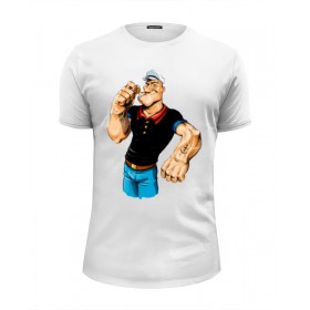 Мужская футболка Premium с принтом Попай/Popeye в Петрозаводске, Белый, черный, серый меланж, голубой: 100% хлопок, плотность 160 гр. Остальные цвета: 92% хлопок, 8% лайкра, плотность 170-180гр. |  | 