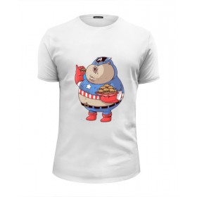 Мужская футболка Premium с принтом Fat Captain America в Петрозаводске, Белый, черный, серый меланж, голубой: 100% хлопок, плотность 160 гр. Остальные цвета: 92% хлопок, 8% лайкра, плотность 170-180гр. |  | 
