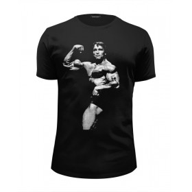 Мужская футболка Premium с принтом Schwarzenegger в Петрозаводске, Белый, черный, серый меланж, голубой: 100% хлопок, плотность 160 гр. Остальные цвета: 92% хлопок, 8% лайкра, плотность 170-180гр. |  | 