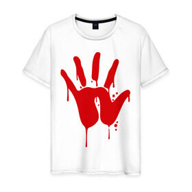 Мужская футболка хлопок с принтом Рука в Петрозаводске, 100% хлопок | прямой крой, круглый вырез горловины, длина до линии бедер, слегка спущенное плечо. | кисть | кровь | ладонь | отпечаток | пальцы | рука