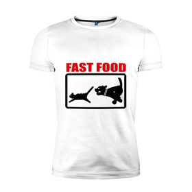 Мужская футболка премиум с принтом Fast food в Петрозаводске, 92% хлопок, 8% лайкра | приталенный силуэт, круглый вырез ворота, длина до линии бедра, короткий рукав | Тематика изображения на принте: fast food | fastfood | быстра еда | коты | кошка | песики | собака