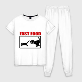 Женская пижама хлопок с принтом Fast food в Петрозаводске, 100% хлопок | брюки и футболка прямого кроя, без карманов, на брюках мягкая резинка на поясе и по низу штанин | fast food | fastfood | быстра еда | коты | кошка | песики | собака