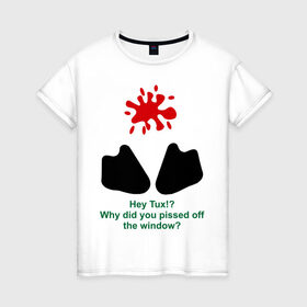 Женская футболка хлопок с принтом Hey Tux! в Петрозаводске, 100% хлопок | прямой крой, круглый вырез горловины, длина до линии бедер, слегка спущенное плечо | пингвин