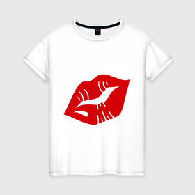 Женская футболка хлопок с принтом Губы в Петрозаводске, 100% хлопок | прямой крой, круглый вырез горловины, длина до линии бедер, слегка спущенное плечо | kiss | lips | губы | помада | поцелуй