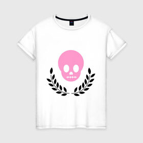 Женская футболка хлопок с принтом Память о умершем эмо в Петрозаводске, 100% хлопок | прямой крой, круглый вырез горловины, длина до линии бедер, слегка спущенное плечо | emo | лавры | розовый череп | субкультуры | череп | эмо | эмо череп
