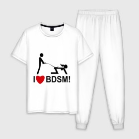 Мужская пижама хлопок с принтом I love BDSM в Петрозаводске, 100% хлопок | брюки и футболка прямого кроя, без карманов, на брюках мягкая резинка на поясе и по низу штанин
 | Тематика изображения на принте: люблю | любовь | я