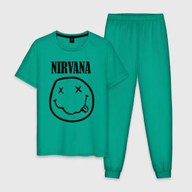 Мужская пижама хлопок с принтом Nirvana в Петрозаводске, 100% хлопок | брюки и футболка прямого кроя, без карманов, на брюках мягкая резинка на поясе и по низу штанин
 | cobain | media | nirvana | rock | smells like teen spirit | toplanding | кобейн | нирвана | рок