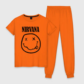 Женская пижама хлопок с принтом Nirvana в Петрозаводске, 100% хлопок | брюки и футболка прямого кроя, без карманов, на брюках мягкая резинка на поясе и по низу штанин | cobain | media | nirvana | rock | smells like teen spirit | toplanding | кобейн | нирвана | рок