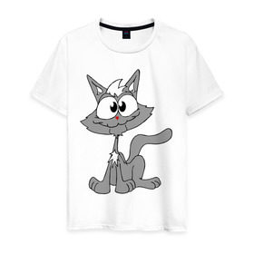 Мужская футболка хлопок с принтом Серый кот в Петрозаводске, 100% хлопок | прямой крой, круглый вырез горловины, длина до линии бедер, слегка спущенное плечо. | домашние животные | кот | кошка | кошки | серый кот