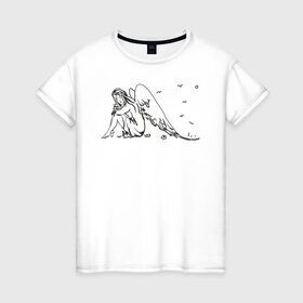 Женская футболка хлопок с принтом Задумчивый ангел в Петрозаводске, 100% хлопок | прямой крой, круглый вырез горловины, длина до линии бедер, слегка спущенное плечо | angel | ангел | девушкам | для девушек