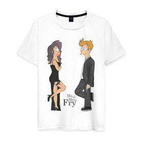 Мужская футболка хлопок с принтом Mr. & Mrs. Fry в Петрозаводске, 100% хлопок | прямой крой, круглый вырез горловины, длина до линии бедер, слегка спущенное плечо. | bender | futurama | бендер | футурама