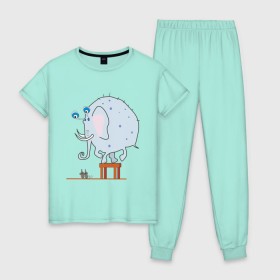 Женская пижама хлопок с принтом Слон и мыши в Петрозаводске, 100% хлопок | брюки и футболка прямого кроя, без карманов, на брюках мягкая резинка на поясе и по низу штанин | животные | испуганный