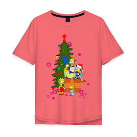 Мужская футболка хлопок Oversize с принтом Новый год у симпсонов в Петрозаводске, 100% хлопок | свободный крой, круглый ворот, “спинка” длиннее передней части | 2012 | 2012 год | simpsons | год дракона | елка | елочка | новогодний | новый 2012 | новый год | подарки | симпсоны | симсоны