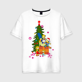 Женская футболка хлопок Oversize с принтом Новый год у симпсонов в Петрозаводске, 100% хлопок | свободный крой, круглый ворот, спущенный рукав, длина до линии бедер
 | 2012 | 2012 год | simpsons | год дракона | елка | елочка | новогодний | новый 2012 | новый год | подарки | симпсоны | симсоны