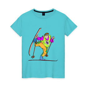 Женская футболка хлопок с принтом Лыжник (2) в Петрозаводске, 100% хлопок | прямой крой, круглый вырез горловины, длина до линии бедер, слегка спущенное плечо | беговые лыжи | гора | горные лыжи | для зимы | зимний спорт | лыжи | лыжник | трасса