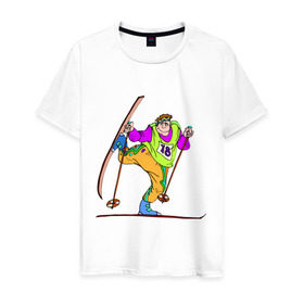 Мужская футболка хлопок с принтом Лыжник (2) в Петрозаводске, 100% хлопок | прямой крой, круглый вырез горловины, длина до линии бедер, слегка спущенное плечо. | беговые лыжи | гора | горные лыжи | для зимы | зимний спорт | лыжи | лыжник | трасса