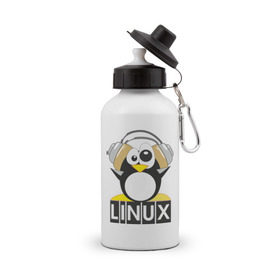 Бутылка спортивная с принтом Linux в Петрозаводске, металл | емкость — 500 мл, в комплекте две пластиковые крышки и карабин для крепления | пингвин