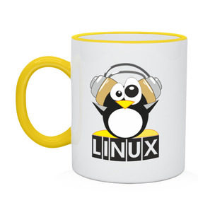 Кружка двухцветная с принтом Linux в Петрозаводске, керамика | объем — 330 мл, диаметр — 80 мм. Цветная ручка и кайма сверху, в некоторых цветах — вся внутренняя часть | пингвин