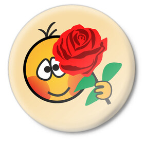 Значок с принтом Смайлик с розой в Петрозаводске,  металл | круглая форма, металлическая застежка в виде булавки | Тематика изображения на принте: 