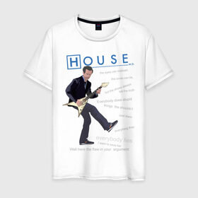 Мужская футболка хлопок с принтом Доктор Хаус с гитарой в Петрозаводске, 100% хлопок | прямой крой, круглый вырез горловины, длина до линии бедер, слегка спущенное плечо. | everybody lies | haus | house | все лгут | доктор | хауз | хаус | хью лори