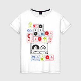 Женская футболка хлопок с принтом Кассеты в Петрозаводске, 100% хлопок | прямой крой, круглый вырез горловины, длина до линии бедер, слегка спущенное плечо | аудиокассеты | кассеты | музыка | прикольные