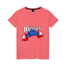 Женская футболка хлопок с принтом RUSSIA PR в Петрозаводске, 100% хлопок | прямой крой, круглый вырез горловины, длина до линии бедер, слегка спущенное плечо | powerlifting