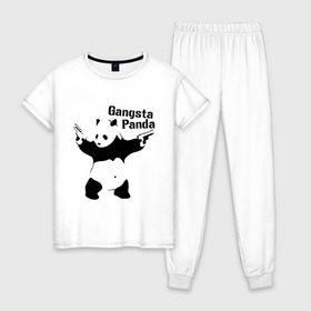 Женская пижама хлопок с принтом Gangsta Panda в Петрозаводске, 100% хлопок | брюки и футболка прямого кроя, без карманов, на брюках мягкая резинка на поясе и по низу штанин | Тематика изображения на принте: панда
