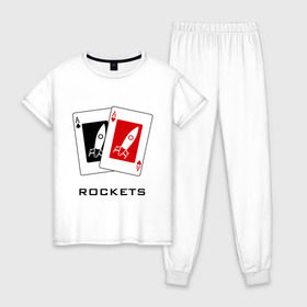 Женская пижама хлопок с принтом AA Rockets в Петрозаводске, 100% хлопок | брюки и футболка прямого кроя, без карманов, на брюках мягкая резинка на поясе и по низу штанин | ace | poker | rocket | rockets | карты | покер | ракеты | туз | тузы