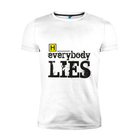 Мужская футболка премиум с принтом Хаус в Петрозаводске, 92% хлопок, 8% лайкра | приталенный силуэт, круглый вырез ворота, длина до линии бедра, короткий рукав | everybody lies | haus | house | все лгут | доктор | хауз | хаус | хью лори