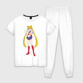 Женская пижама хлопок с принтом Sailor Moon в Петрозаводске, 100% хлопок | брюки и футболка прямого кроя, без карманов, на брюках мягкая резинка на поясе и по низу штанин | аниме