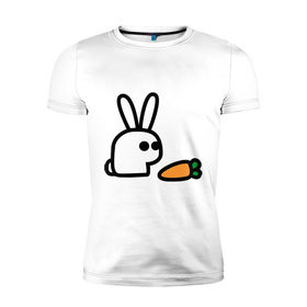 Мужская футболка премиум с принтом Заяц и моркоФка в Петрозаводске, 92% хлопок, 8% лайкра | приталенный силуэт, круглый вырез ворота, длина до линии бедра, короткий рукав | животные | зайка | зайчишка | зайчонок | заяц | кролик | морковка