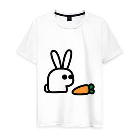 Мужская футболка хлопок с принтом Заяц и моркоФка в Петрозаводске, 100% хлопок | прямой крой, круглый вырез горловины, длина до линии бедер, слегка спущенное плечо. | Тематика изображения на принте: животные | зайка | зайчишка | зайчонок | заяц | кролик | морковка
