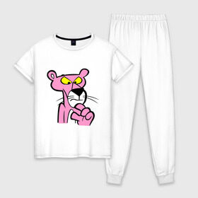 Женская пижама хлопок с принтом Розовая пантера (3) в Петрозаводске, 100% хлопок | брюки и футболка прямого кроя, без карманов, на брюках мягкая резинка на поясе и по низу штанин | pink panther | розовая пантера