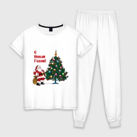 Женская пижама хлопок с принтом Ded Moroz в Петрозаводске, 100% хлопок | брюки и футболка прямого кроя, без карманов, на брюках мягкая резинка на поясе и по низу штанин | 2012 | new year | дед | дед мороз | елка | елочка | нг | новый 2012 | новый год | подарки | санта | санта клаус