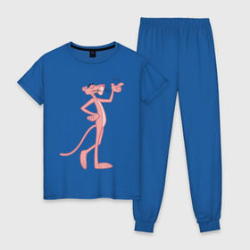 Женская пижама хлопок с принтом PinkPanther в Петрозаводске, 100% хлопок | брюки и футболка прямого кроя, без карманов, на брюках мягкая резинка на поясе и по низу штанин | pink panther | розовая пантера