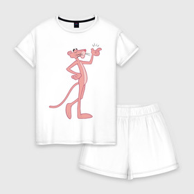 Женская пижама с шортиками хлопок с принтом PinkPanther в Петрозаводске, 100% хлопок | футболка прямого кроя, шорты свободные с широкой мягкой резинкой | pink panther | розовая пантера