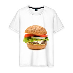 Мужская футболка хлопок с принтом Гамбургер в Петрозаводске, 100% хлопок | прямой крой, круглый вырез горловины, длина до линии бедер, слегка спущенное плечо. | burger | fastfood | gamburger | бургер | гамбургер | еда | пища | фаст фуд | фастфуд