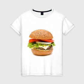 Женская футболка хлопок с принтом Гамбургер в Петрозаводске, 100% хлопок | прямой крой, круглый вырез горловины, длина до линии бедер, слегка спущенное плечо | burger | fastfood | gamburger | бургер | гамбургер | еда | пища | фаст фуд | фастфуд