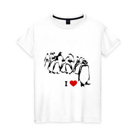 Женская футболка хлопок с принтом Я люблю пингвинов в Петрозаводске, 100% хлопок | прямой крой, круглый вырез горловины, длина до линии бедер, слегка спущенное плечо | i love | penguin | птицы | сердце