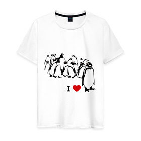 Мужская футболка хлопок с принтом Я люблю пингвинов в Петрозаводске, 100% хлопок | прямой крой, круглый вырез горловины, длина до линии бедер, слегка спущенное плечо. | Тематика изображения на принте: i love | penguin | птицы | сердце