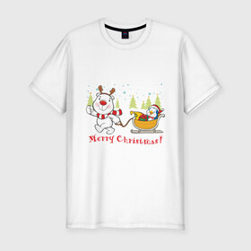 Мужская футболка премиум с принтом Boowoo (2) в Петрозаводске, 92% хлопок, 8% лайкра | приталенный силуэт, круглый вырез ворота, длина до линии бедра, короткий рукав | christmas | елка | нг | новогодний | новый год | олененок | олень | подарки | рождество | рожднственский
