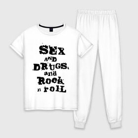 Женская пижама хлопок с принтом Sex and drugs and rock n roll (2) в Петрозаводске, 100% хлопок | брюки и футболка прямого кроя, без карманов, на брюках мягкая резинка на поясе и по низу штанин | drugs | rock | rocknroll | рок | рок н ролл | рокролл