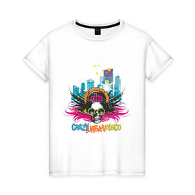 Женская футболка хлопок с принтом Crazy urban disco в Петрозаводске, 100% хлопок | прямой крой, круглый вырез горловины, длина до линии бедер, слегка спущенное плечо | club | crazy | crazy  disco | disco | urban | urban disco | диско | клуб | клубные | крейзи диско | урбан | урбан стайл