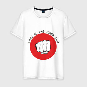 Мужская футболка хлопок с принтом Страна восходящего солнца в Петрозаводске, 100% хлопок | прямой крой, круглый вырез горловины, длина до линии бедер, слегка спущенное плечо. | Тематика изображения на принте: land of the rising sun | кулак | страна восходящего солнца | флаг японии | япония